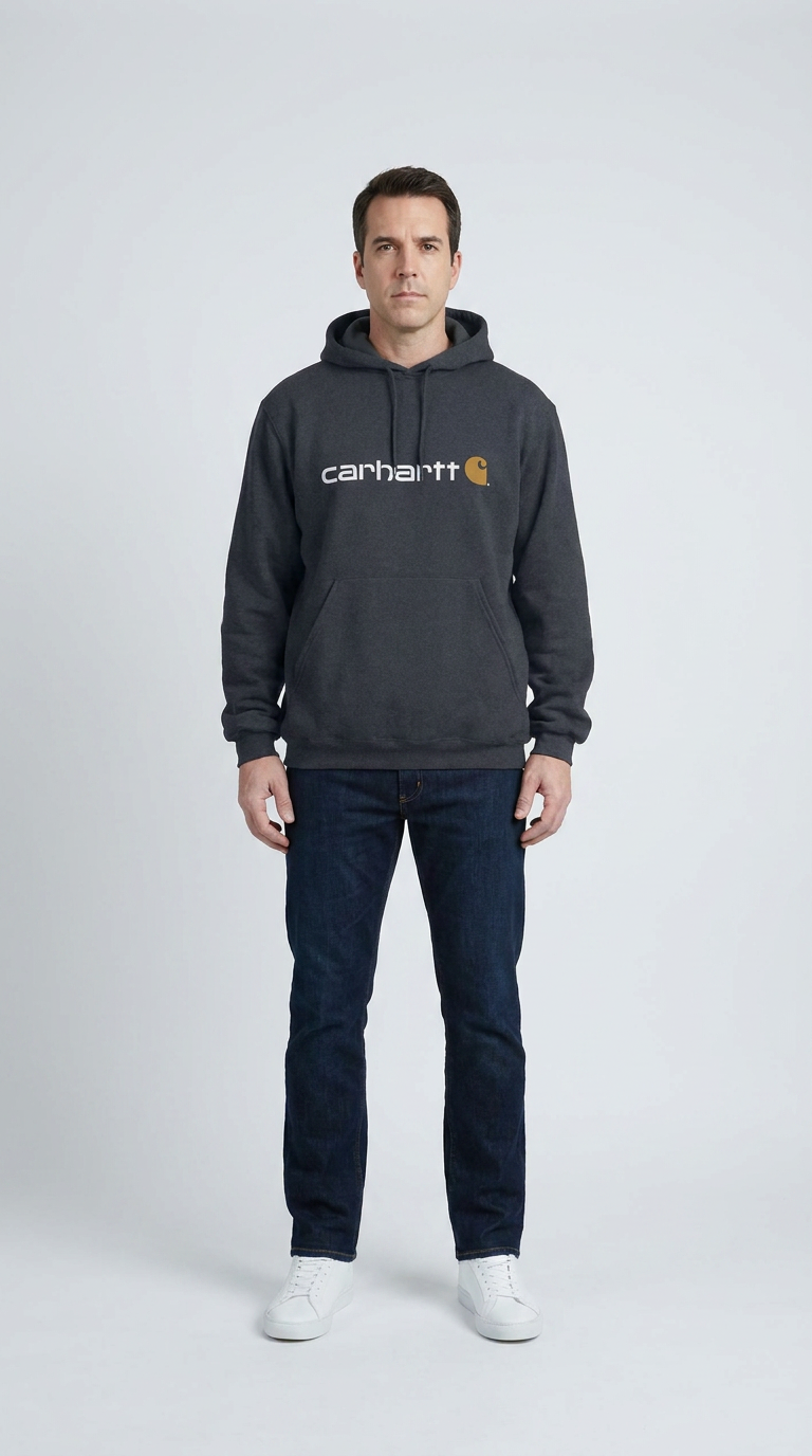 En mand i en mørkegrå Carhartt-hættetrøje, blå jeans og hvide sneakers mod en hvid baggrund.