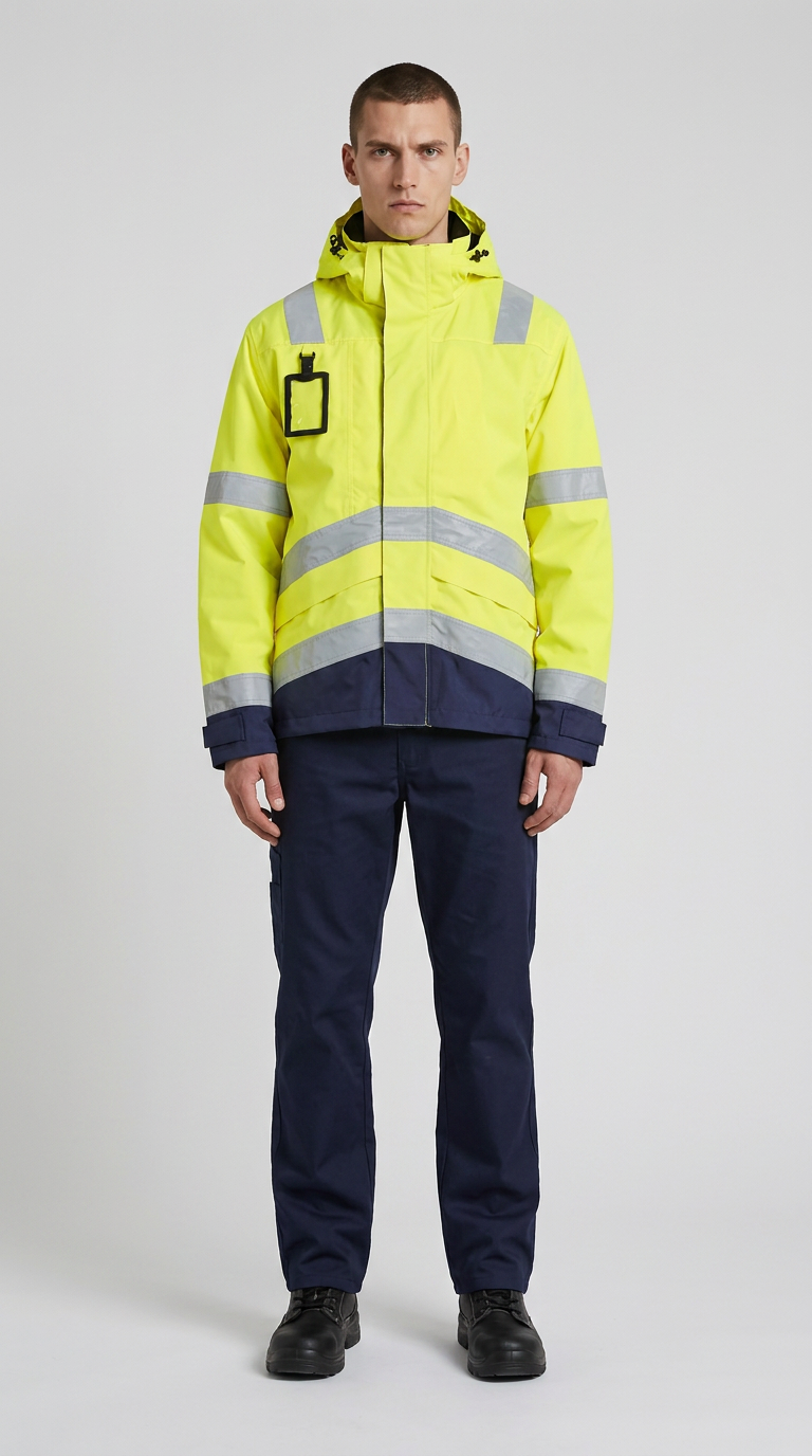 Mand i gul og mørkeblå high-visibility arbejdsjakke med refleksstriber og mørkeblå arbejdsbukser.