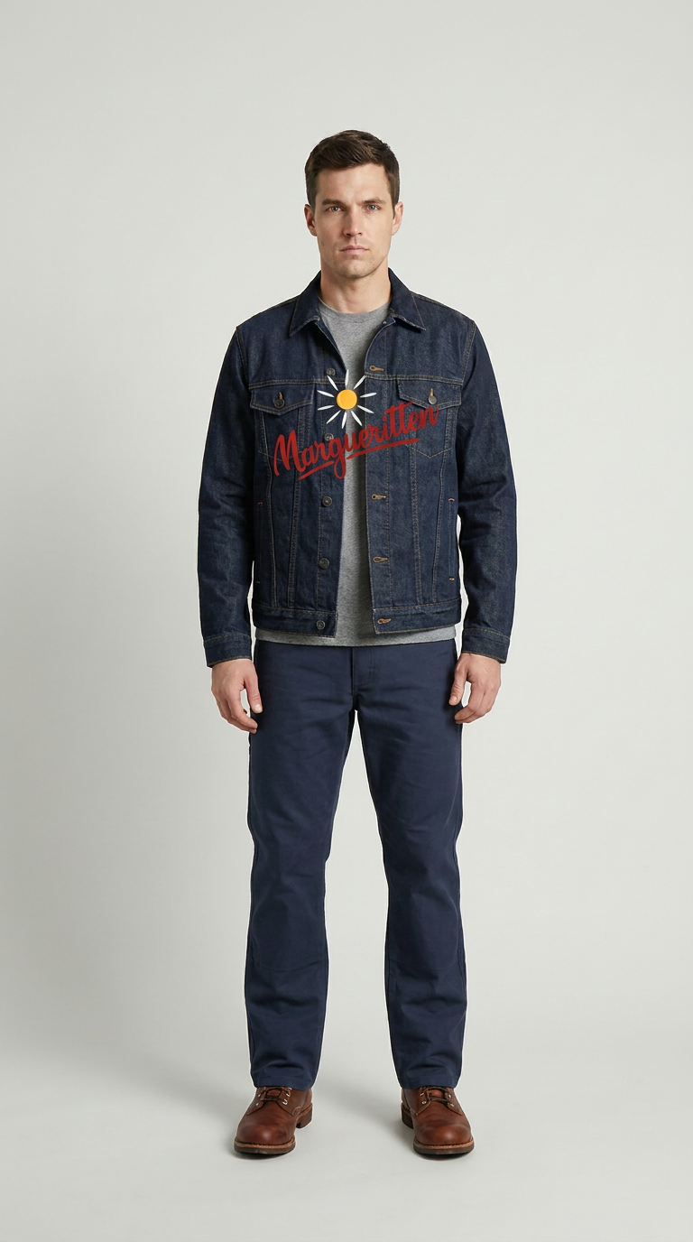 Mand i mørkeblå denimjakke med Margueritten-logo, blå bukser og brune læderstøvler på grå baggrund.