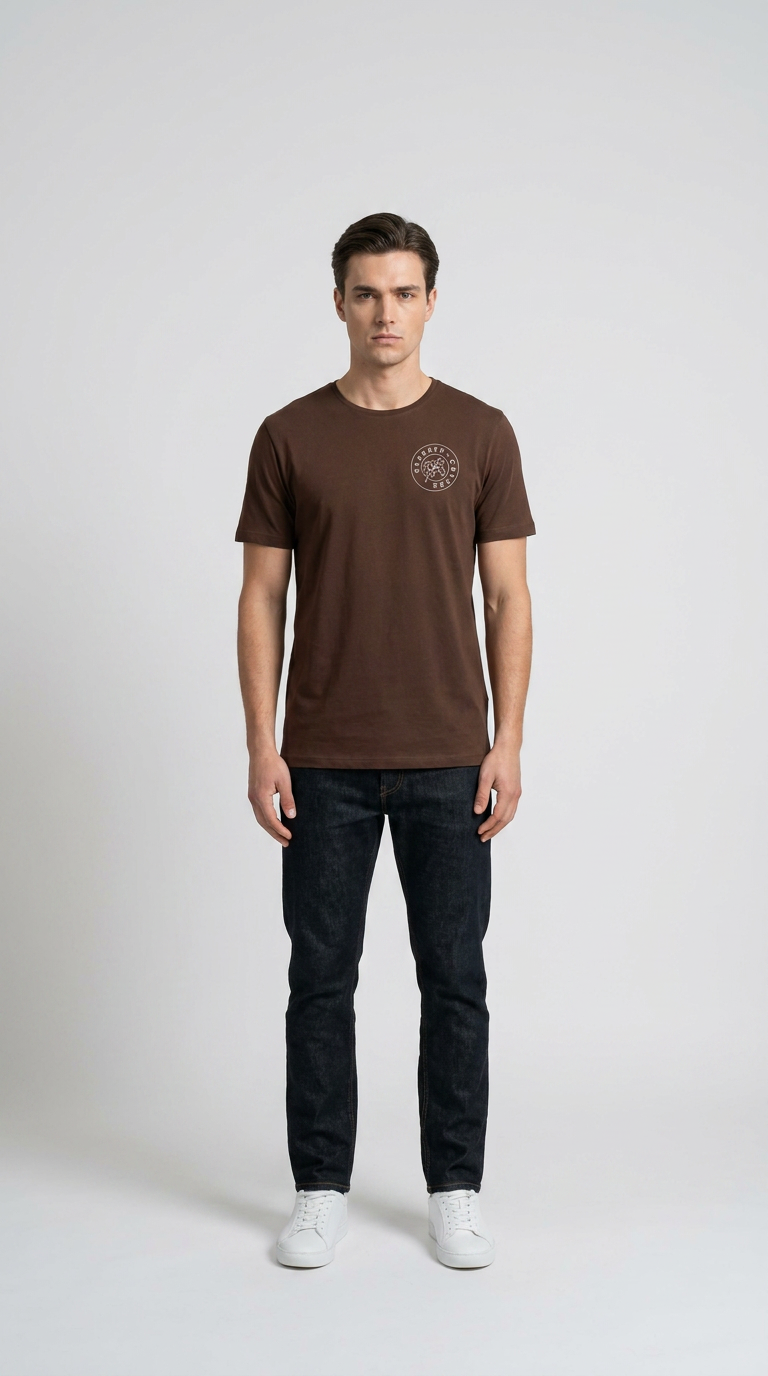 Mand i brun t-shirt med lille logo, mørkeblå jeans og hvide sneakers mod en lys baggrund.