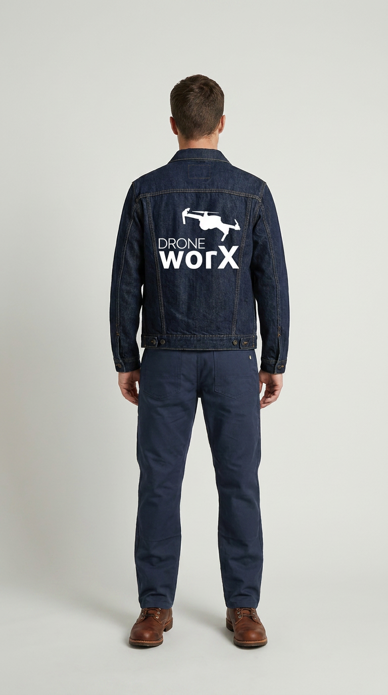 Mand set bagfra i en denimjakke med hvidt Drone WorX-logo på ryggen og mørke bukser.