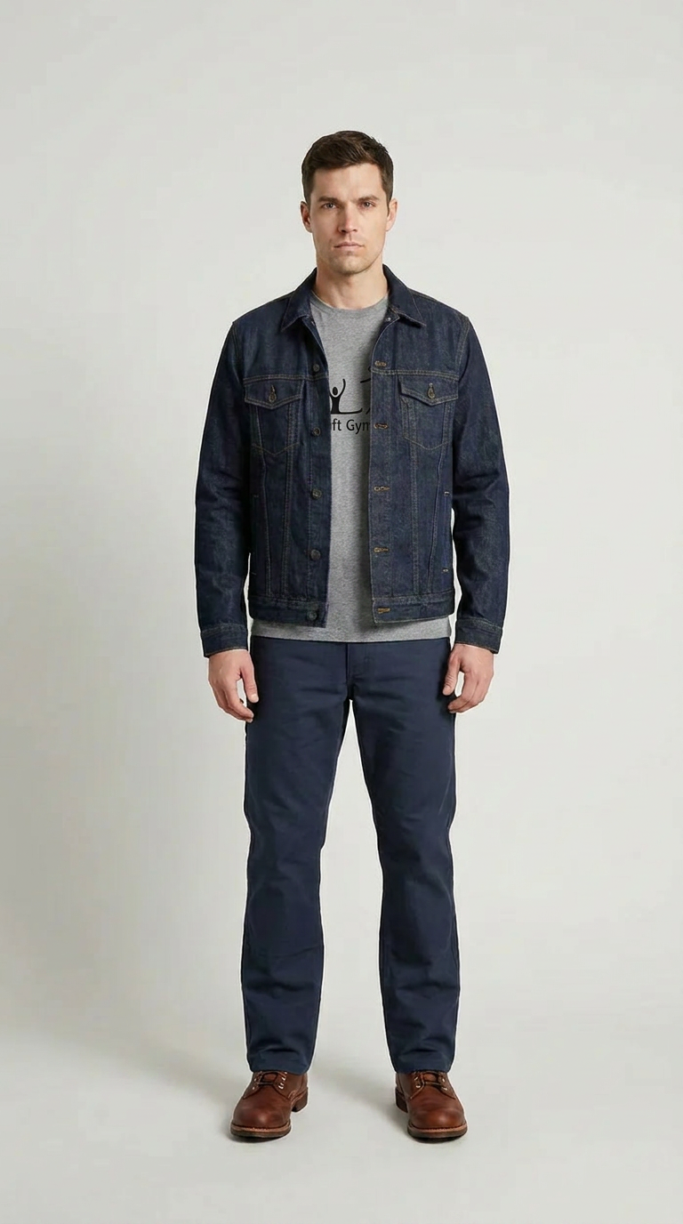 En mand i en mørkeblå denimjakke, grå t-shirt, mørkeblå bukser og brune læderstøvler mod en hvid baggrund.