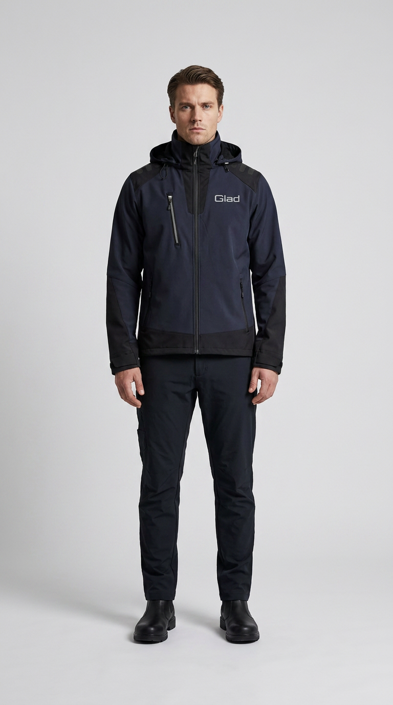 Mand i mørkeblå softshell-jakke med hætte og matchende bukser på en lys baggrund.