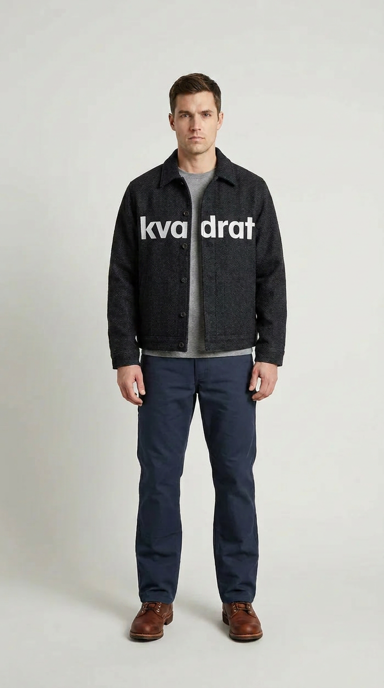 Mand i en mørkegrå Kvadrat-jakke, blå bukser og brune støvler foran en hvid baggrund.