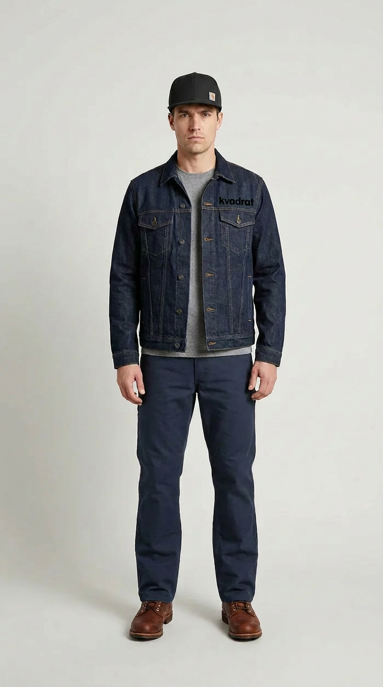 Mand i mørkeblå denimjakke, navy bukser og sort kasket foran en lys baggrund.