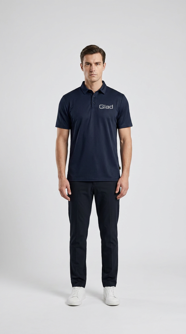 Mand i en navyblå poloshirt med Glad-logo, mørke bukser og hvide sneakers mod en grå baggrund.