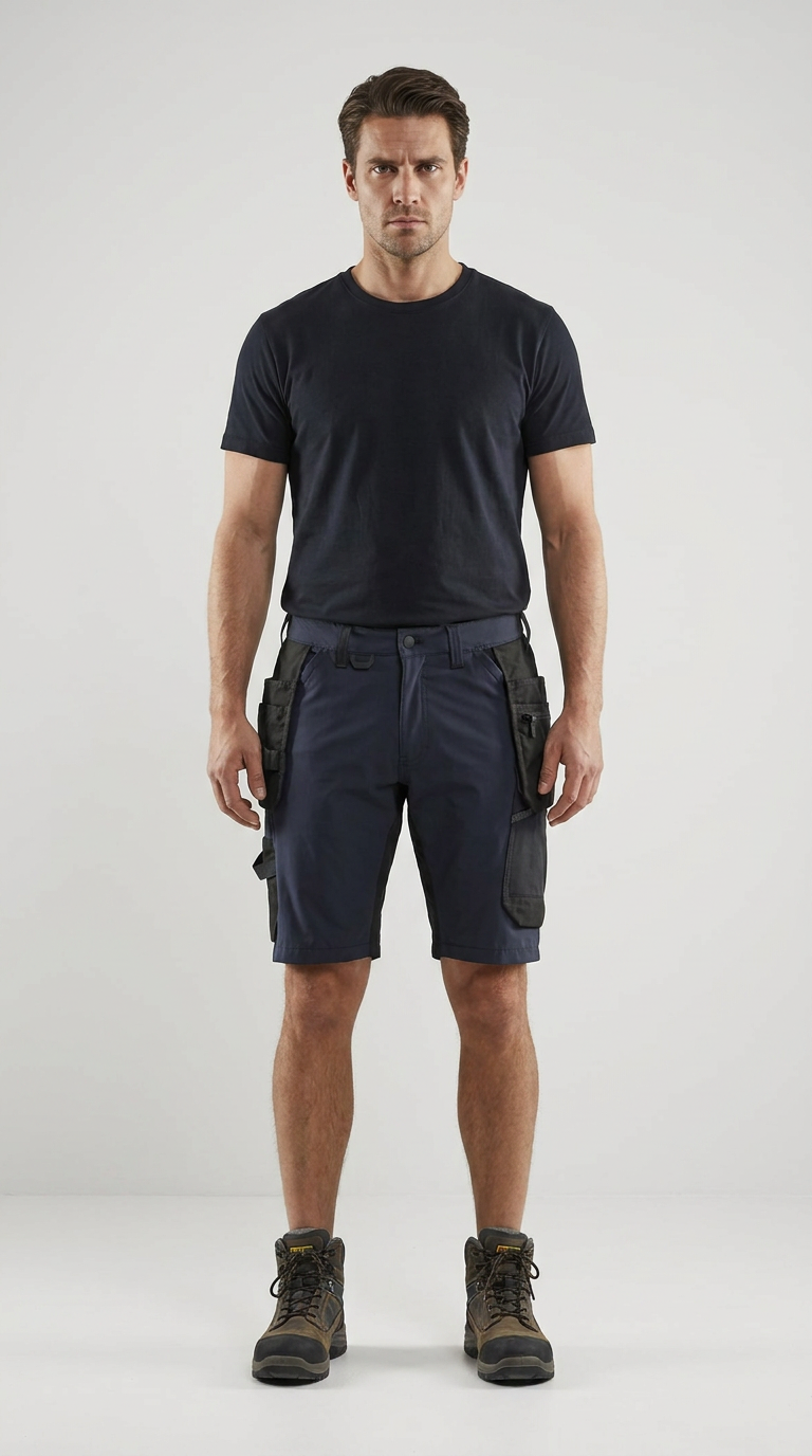 Mand iført navyblå arbejdsshorts, sort t-shirt og arbejdsstøvler foran en grå baggrund.