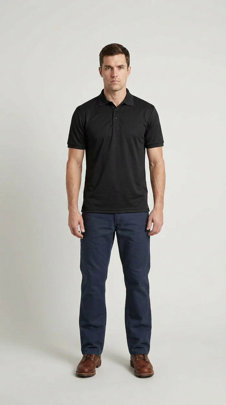 Mand i sort polo shirt og mørkeblå bukser stående foran en lys baggrund.