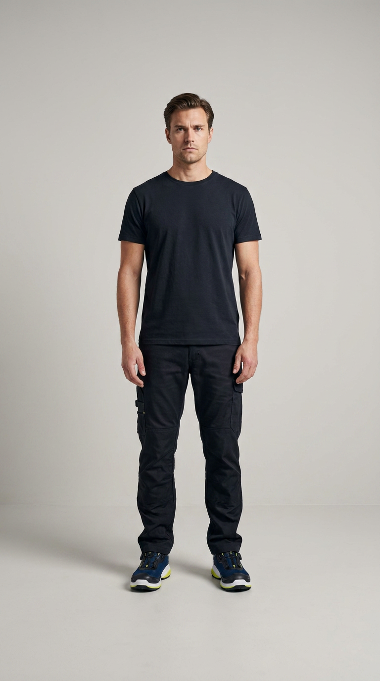Mand i sort t-shirt og sorte arbejdsbukser står foran en neutral grå baggrund.