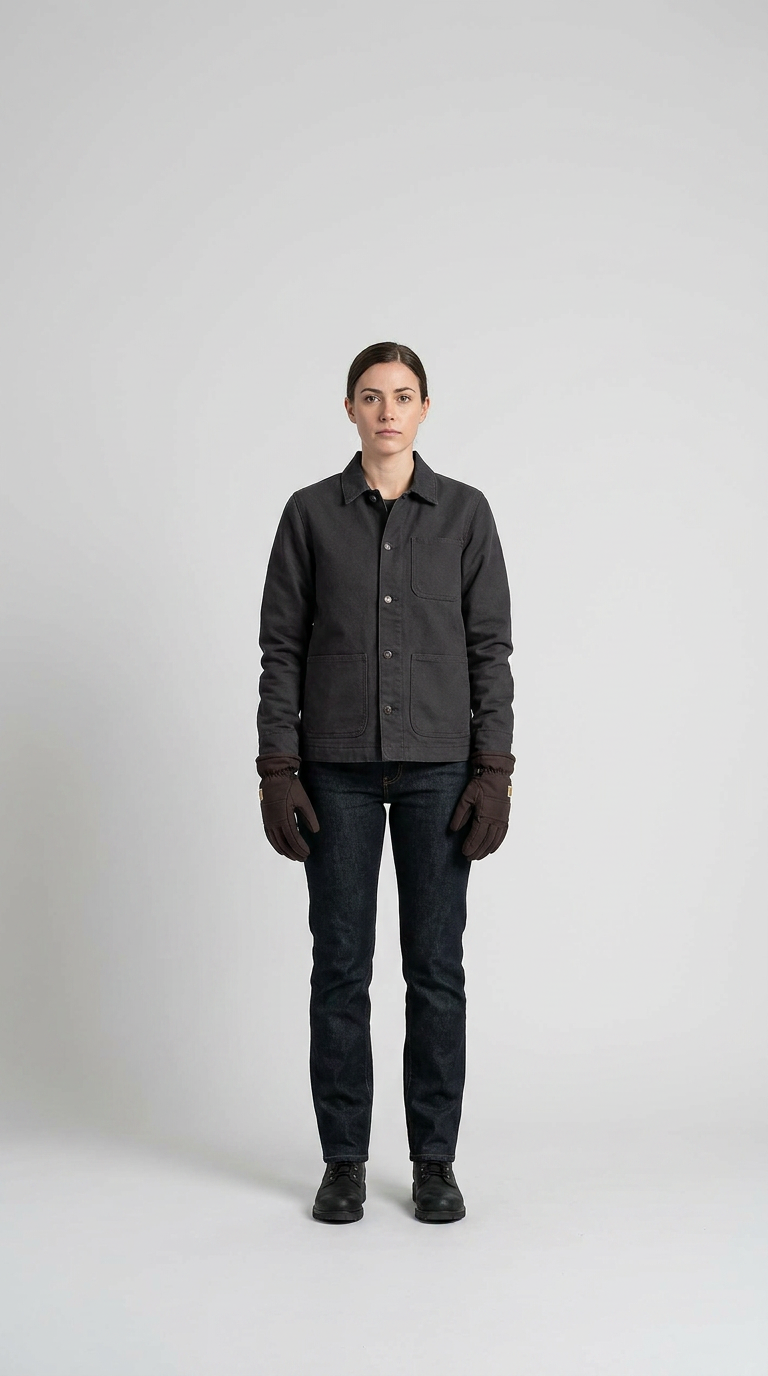 Kvinde iført en koksgrå arbejdsjakke, mørke jeans og brune handsker mod en enkel hvid baggrund.