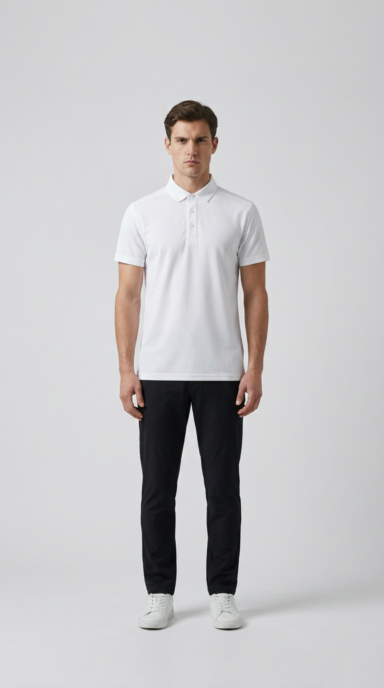 Mand iført hvid polo-shirt, sorte bukser og hvide sneakers på en neutral baggrund.