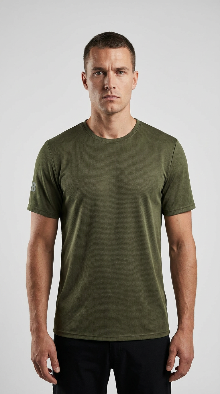 Mand iført en olivengrøn kortærmet t-shirt mod en lysegrå baggrund.