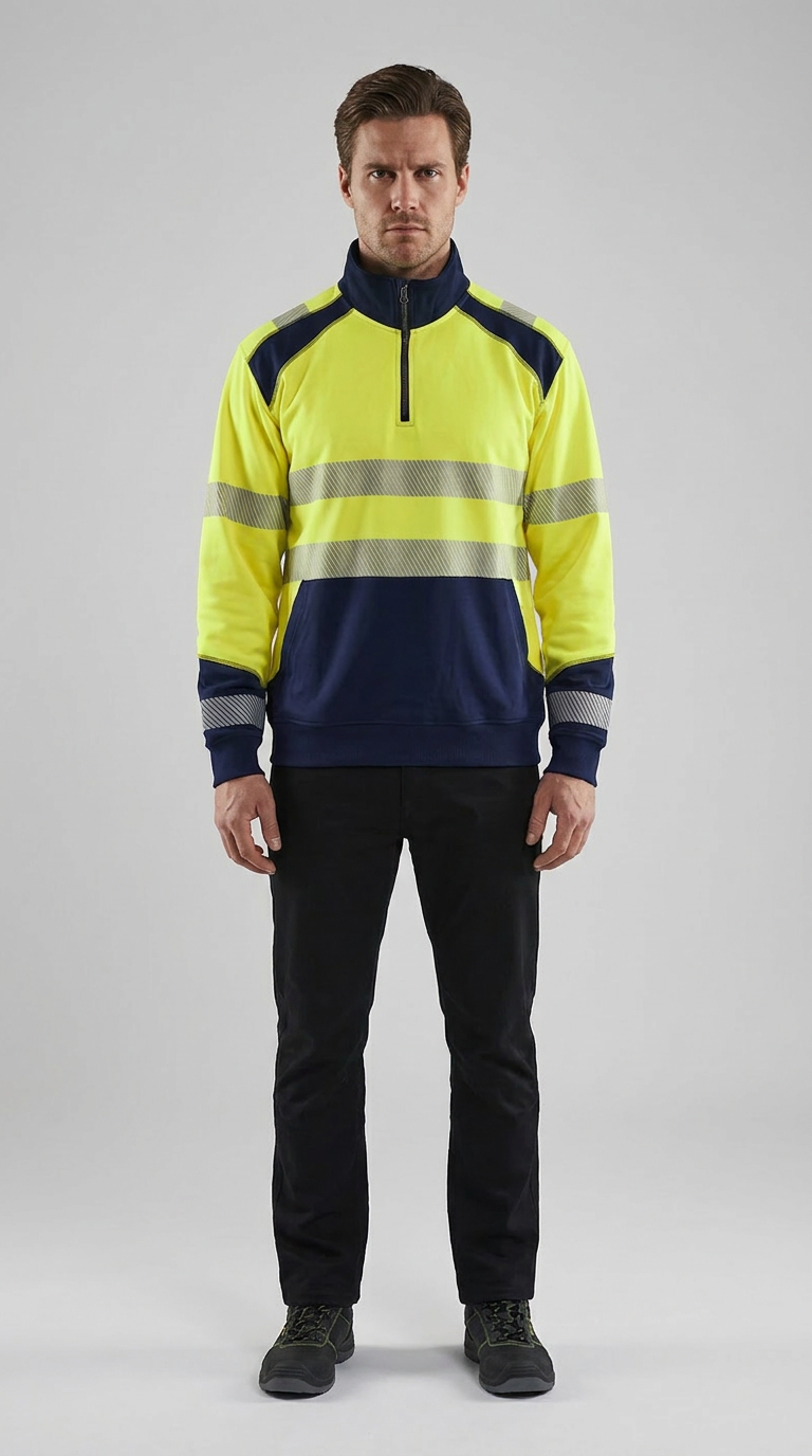 Mand i gul og marineblå high-visibility sweatshirt med reflekser og sorte arbejdsbukser mod grå baggrund.