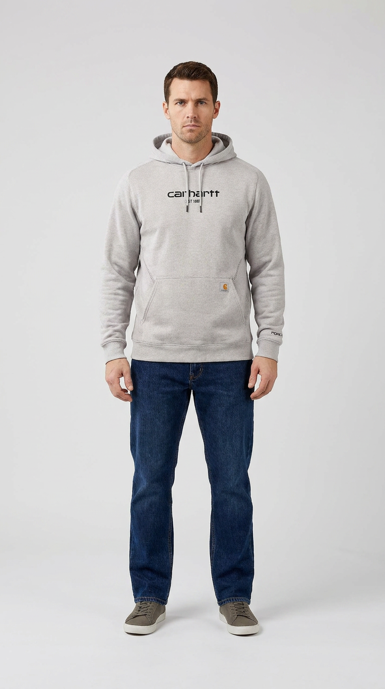 Mand i lysegrå Carhartt-hættetrøje og mørkeblå jeans mod en lys baggrund.