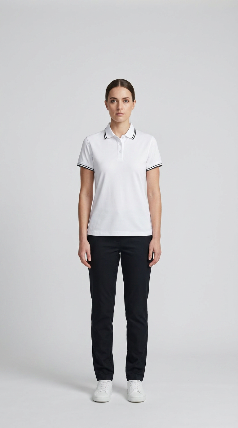 Kvinde i hvid polo-shirt med sorte striber, sorte bukser og hvide sneakers på en grå baggrund.