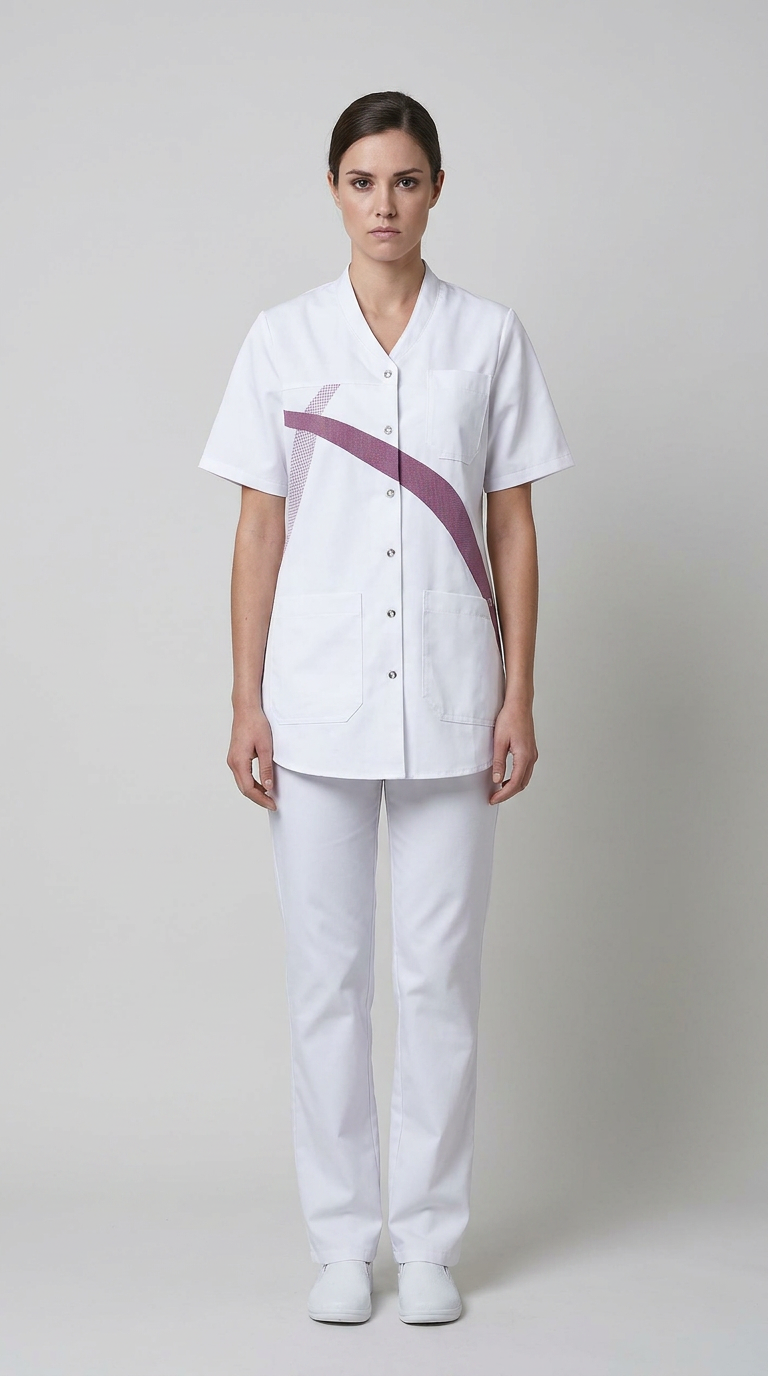 Kvinde iført hvid sygeplejerskeuniform med lilla detalje og hvide bukser på en lys baggrund.