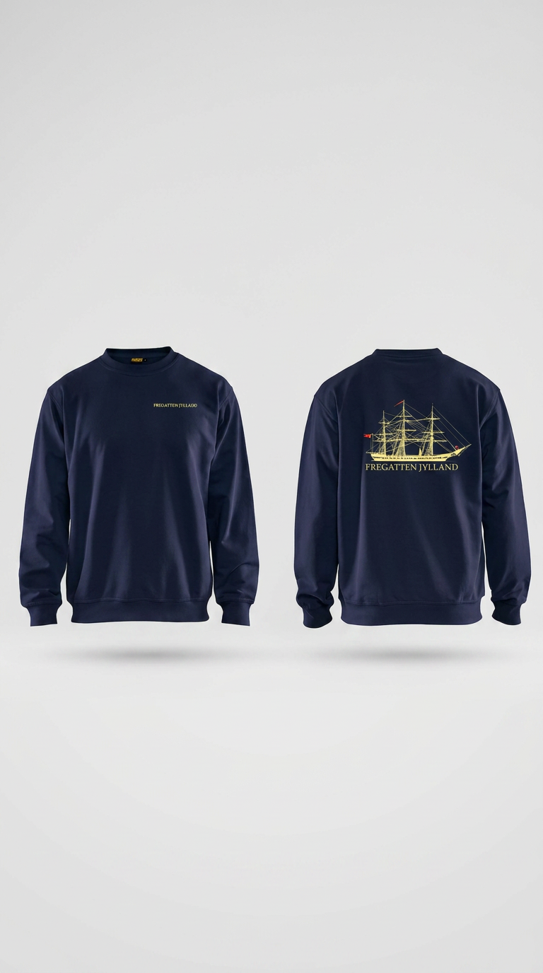 Marineblå sweatshirt med illustration af Fregatten Jylland på ryggen, vist fra både for- og bagside.