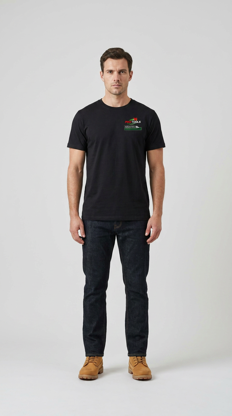 Mand iført sort t-shirt med logo, mørke jeans og brune arbejdsstøvler på en lys baggrund.