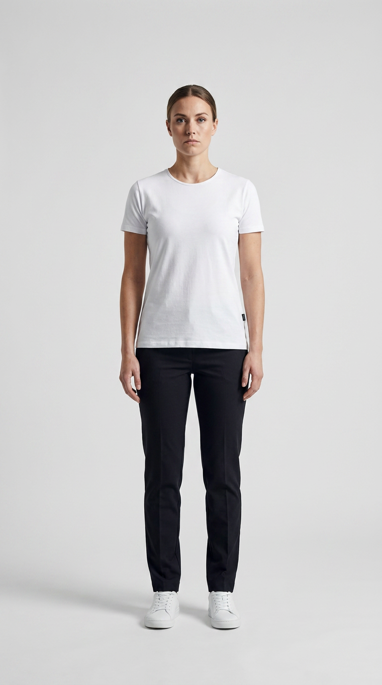 Kvinde i hvid t-shirt, sorte bukser og hvide sneakers på en lys grå baggrund.