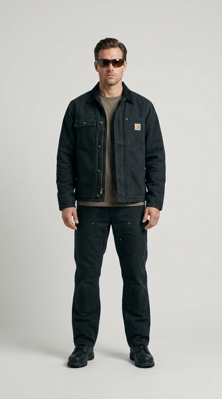 Mand i sort Carhartt-jakke, arbejdsbukser og solbriller mod en lys grå baggrund.