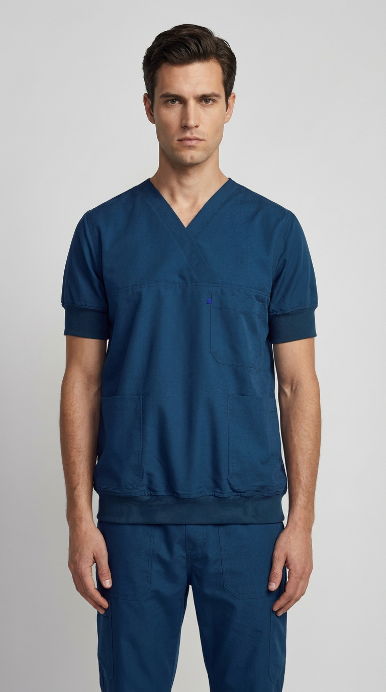 Mand iført mørkeblå medicinsk uniform med V-hals og lommer mod en neutral grå baggrund.