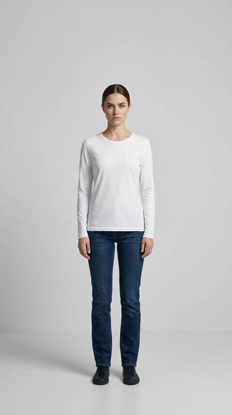 Kvinde i hvid langærmet t-shirt og blå jeans stående mod en grå baggrund.