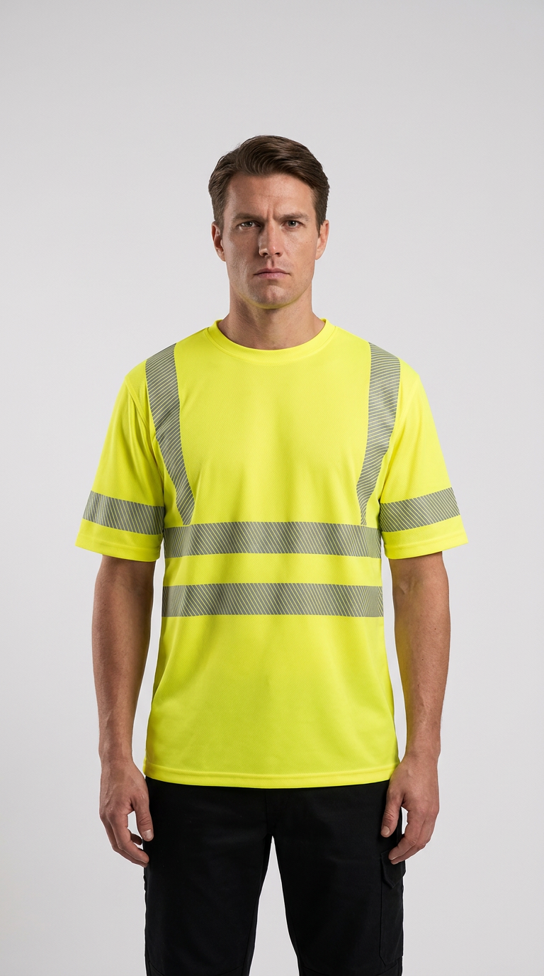 Mand i neongul high-visibility t-shirt med sølvreflekser mod en lys grå baggrund.