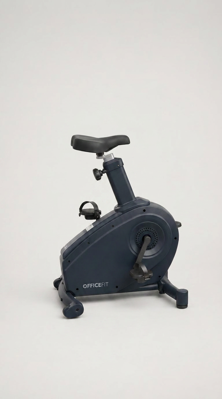 Mørkeblå OFFICEFIT kontorcykel med justerbart sæde og pedaler på en hvid baggrund.
