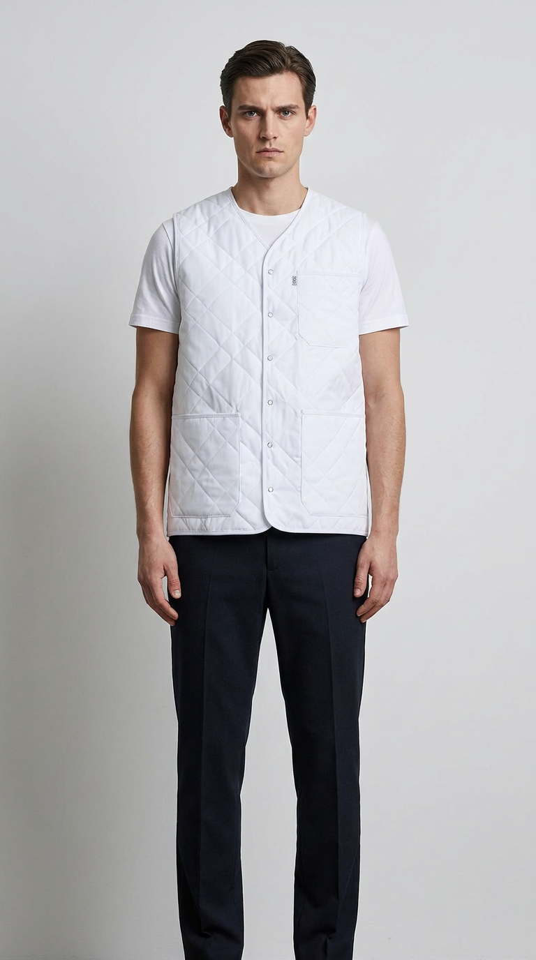 Mand i hvid quiltet vest, hvid t-shirt og mørke bukser mod en lys baggrund.