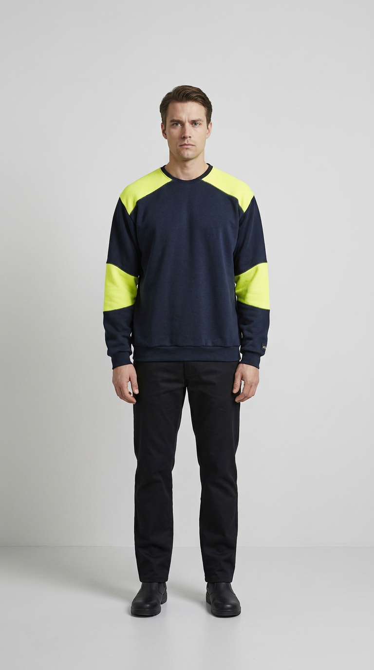 Mand i mørkeblå sweatshirt med neon-gule detaljer og sorte bukser mod en lys baggrund.