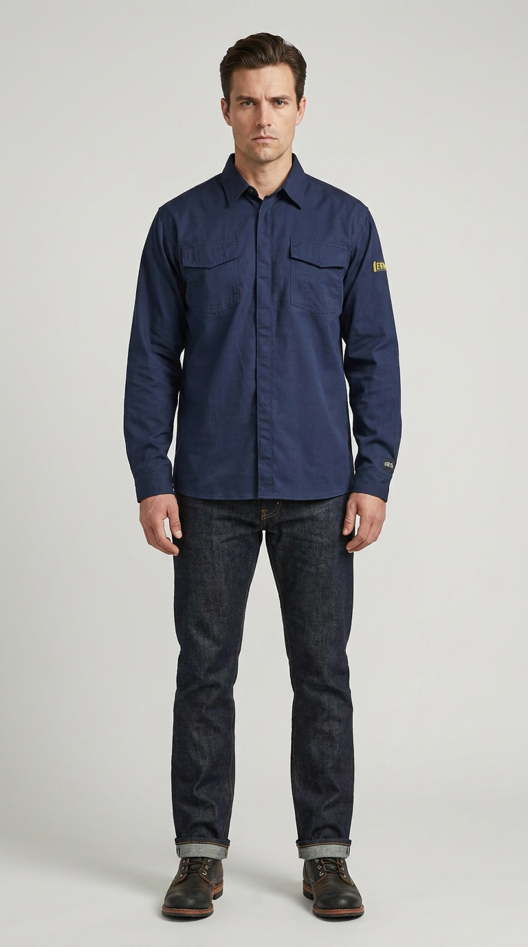 En mand i en mørkeblå langærmet arbejdsskjorte, mørke jeans og brune støvler foran en grå baggrund.