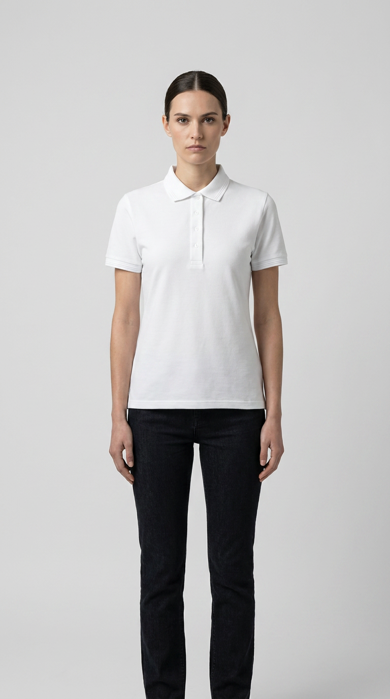 Kvinde iført hvid kortærmet polo-shirt og mørke jeans foran en lys grå baggrund.
