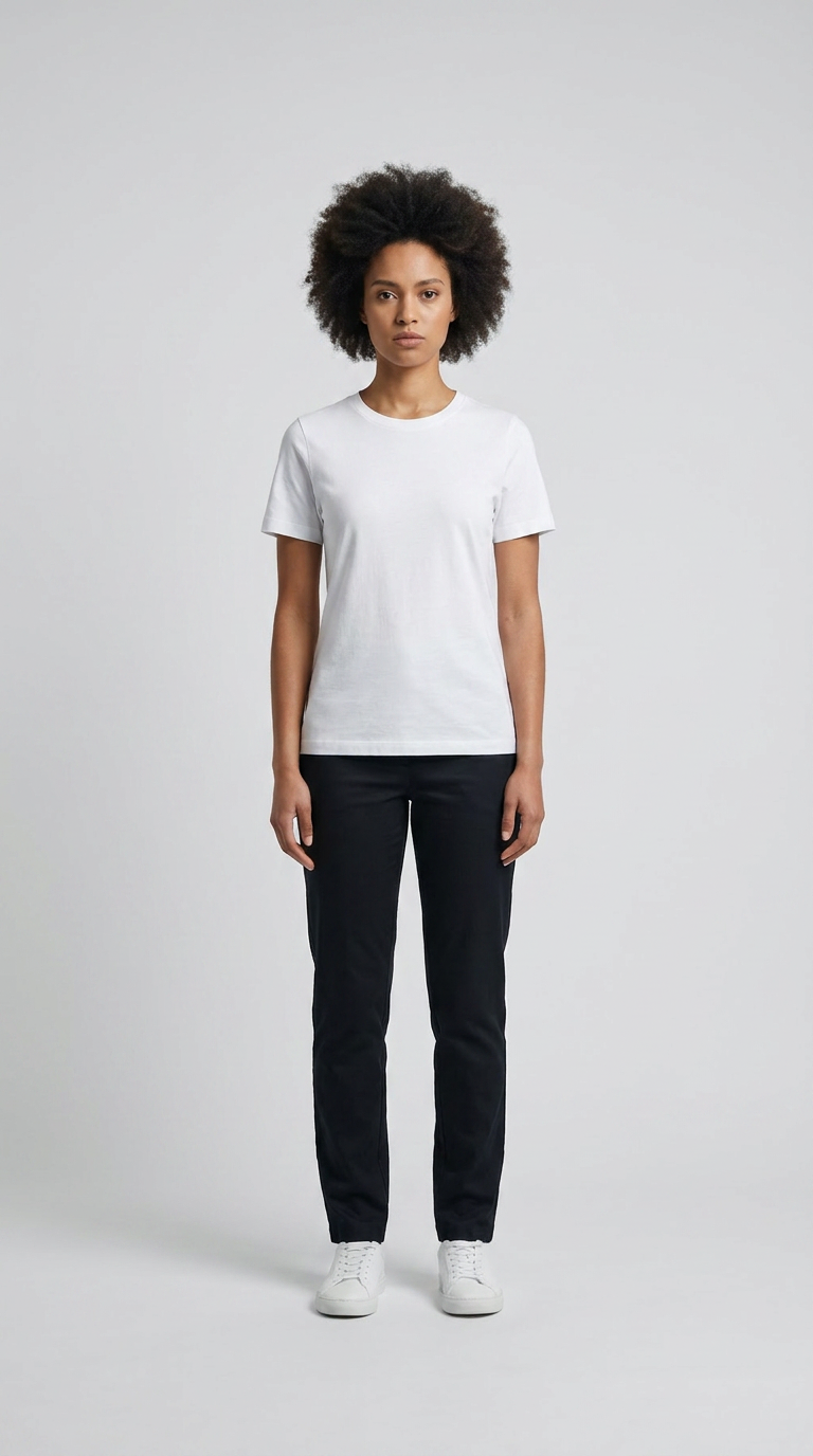 Kvinde med afrohår iført hvid t-shirt og sorte bukser mod en lys grå baggrund.