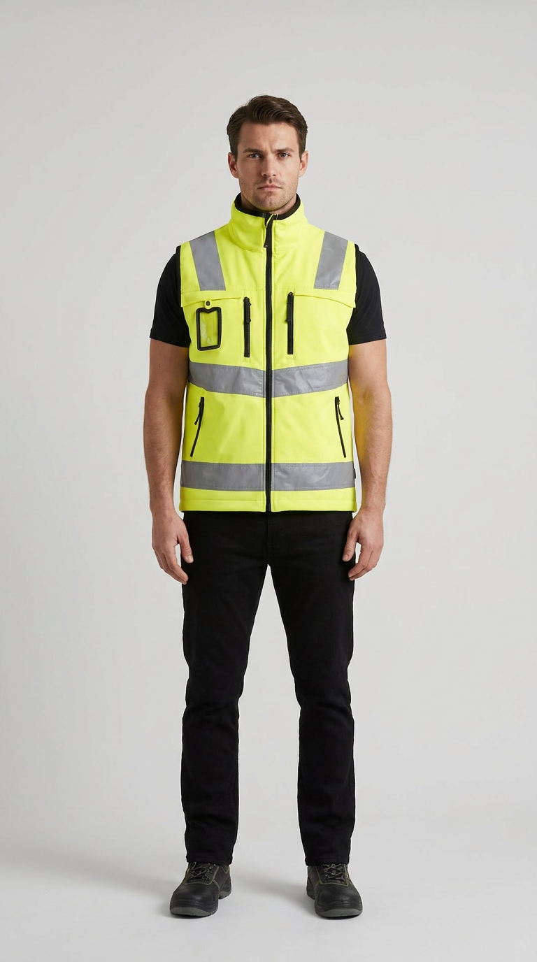 Mand iført en gul sikkerhedsvest med refleksstriber, sort t-shirt og bukser på en grå baggrund.