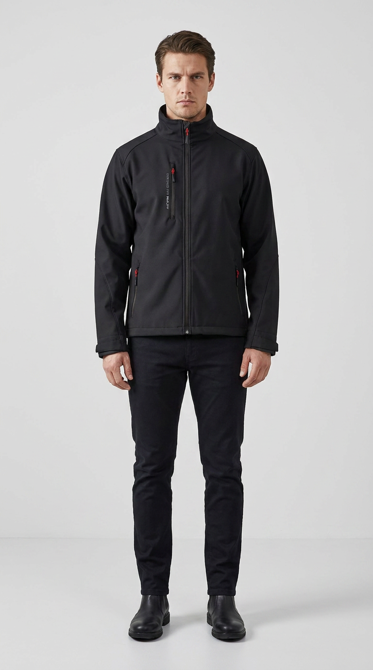 Mand iført sort softshell-jakke med røde detaljer og sorte bukser på en lys baggrund.