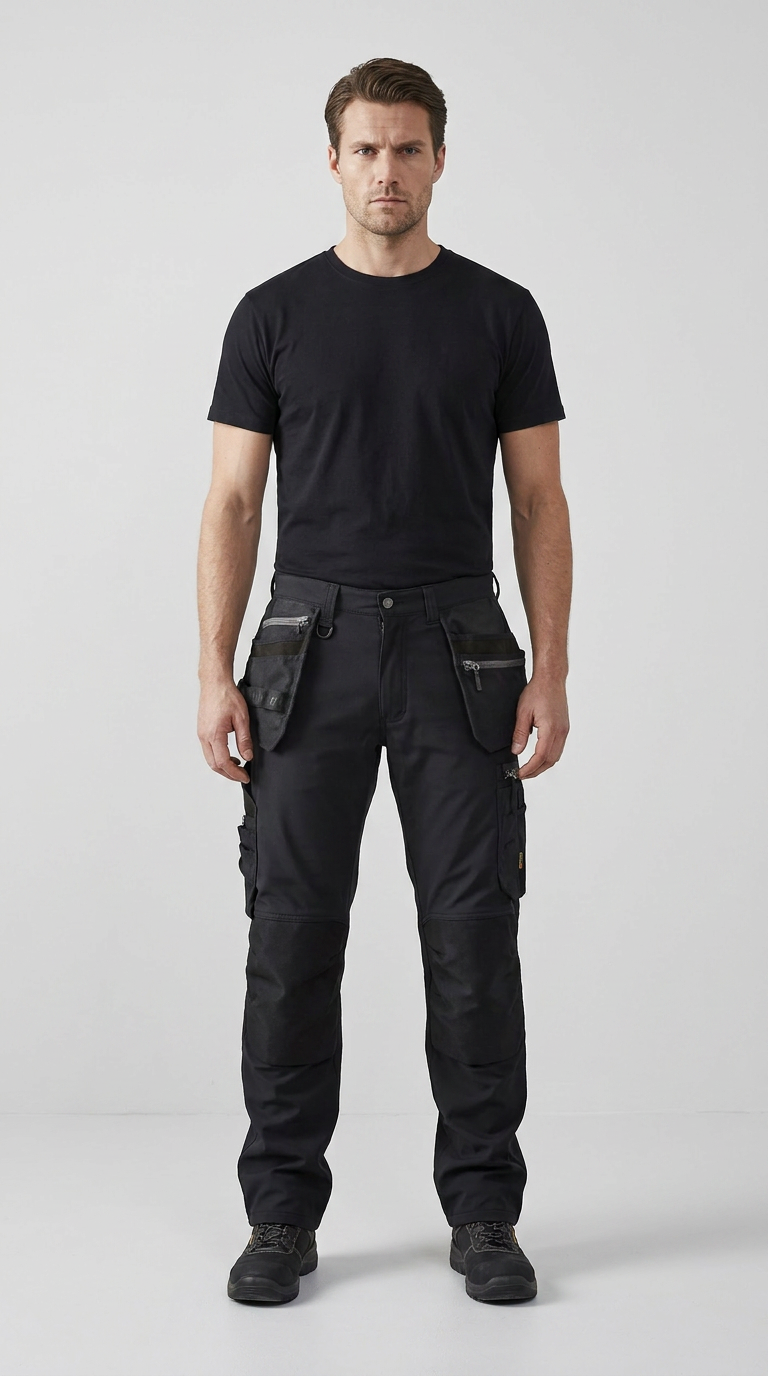 Mand i sort t-shirt og sorte arbejdsbukser med hængelommer mod en hvid baggrund.