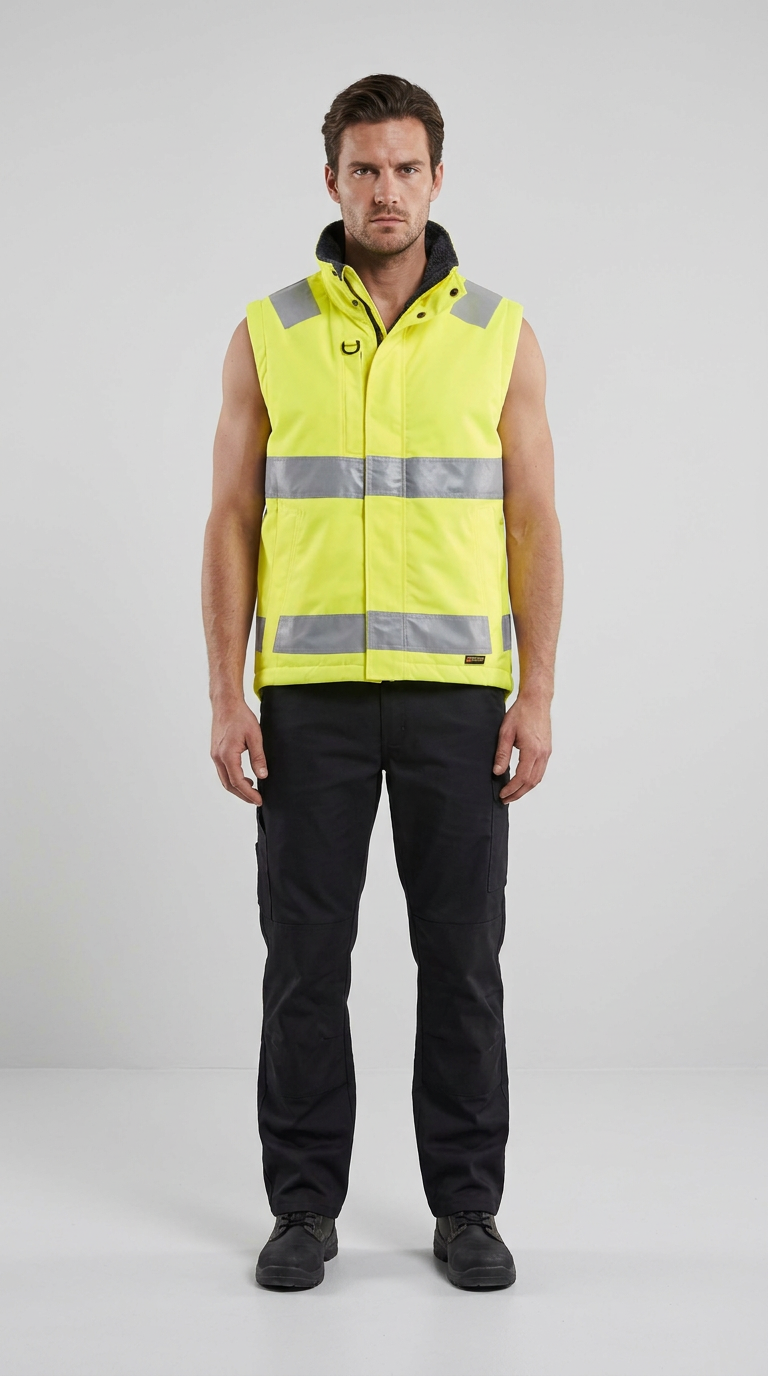 Mand i gul sikkerhedsvest med reflekser og sorte arbejdsbukser på en grå baggrund.