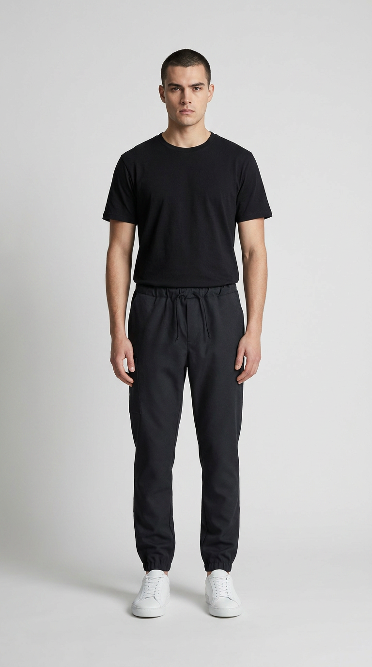 Mand iført sort t-shirt, mørke joggingbukser og hvide sneakers på en lys baggrund.