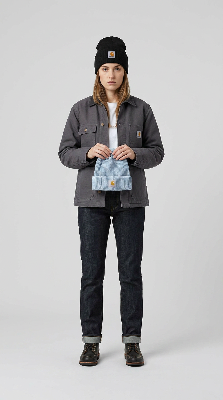 Kvinde i grå Carhartt-jakke og sort hue, der holder en lyseblå hue mod en grå baggrund.
