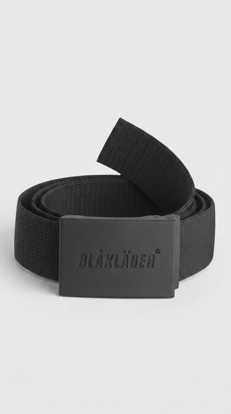Sort vævet tekstilbælte fra Blåkläder med et matsort spænde og præget logo.