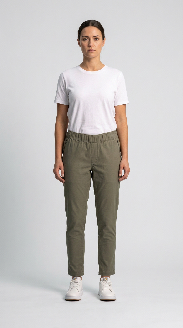 Kvinde i hvid t-shirt, olivengrønne bukser og hvide sneakers mod en lys grå baggrund.