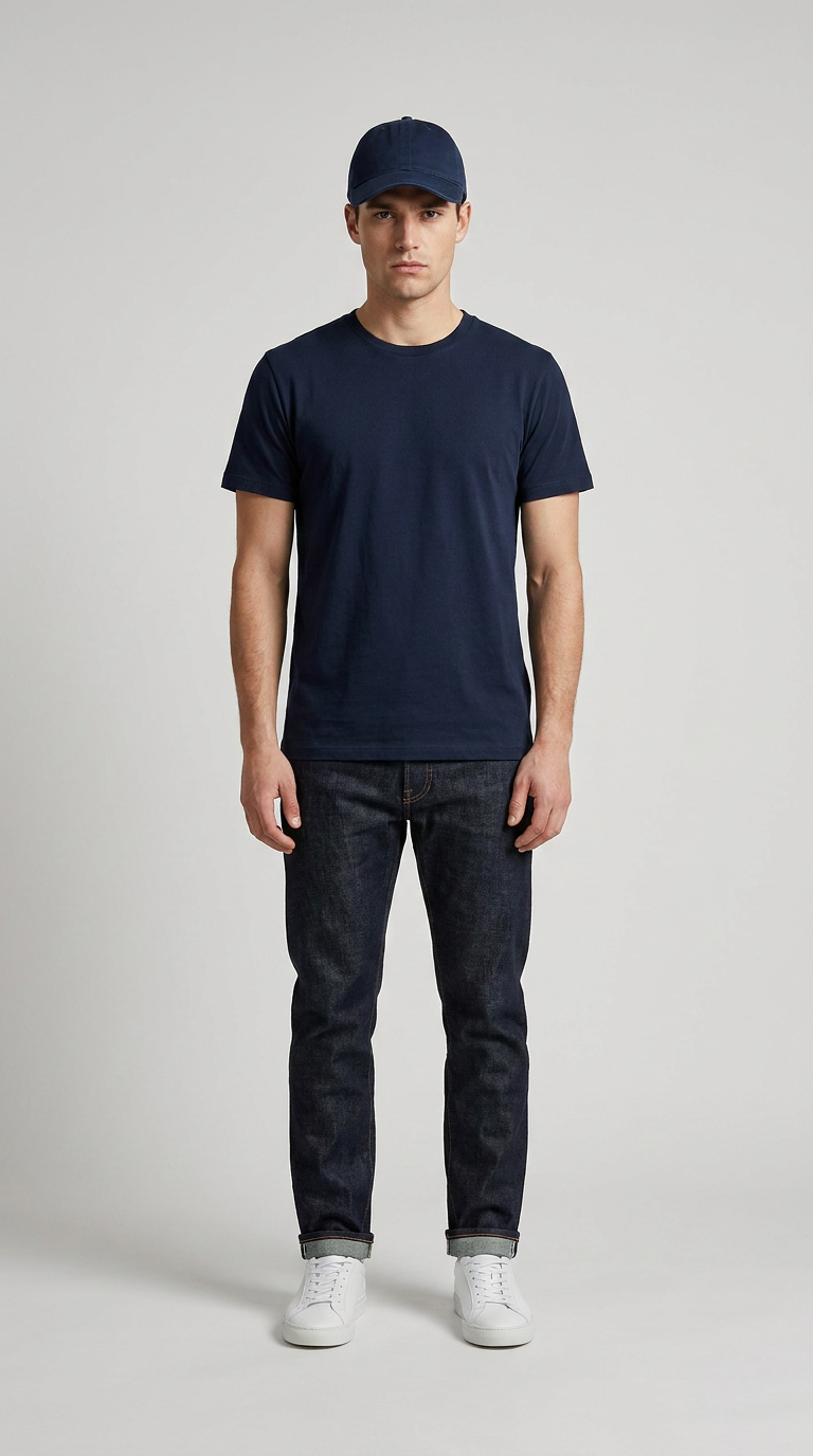 Mand i mørkeblå t-shirt, mørke jeans, kasket og hvide sneakers mod en lys grå baggrund.