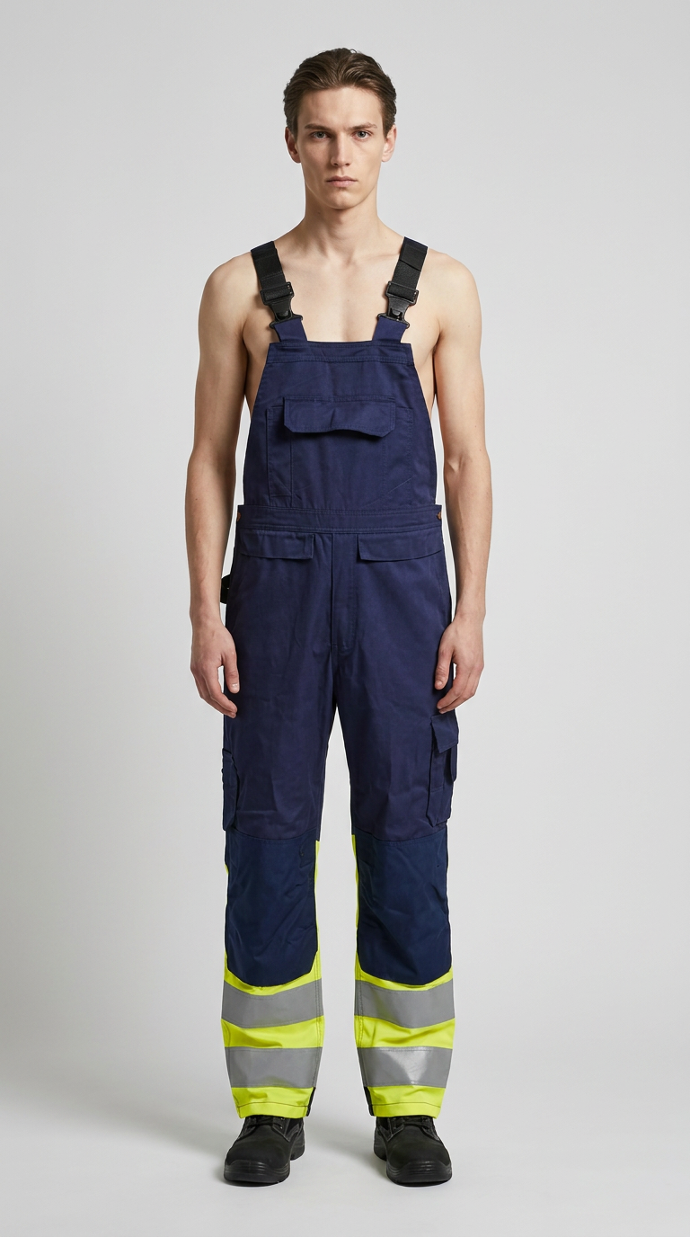 Mand i mørkeblå overalls med gule refleksstriber på benene mod en grå baggrund.