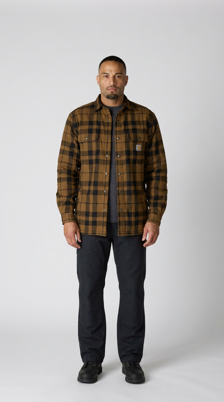 Mand i brun og sort ternet flannelsskjorte og mørke arbejdsbukser på en hvid baggrund.