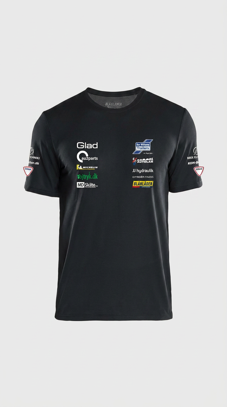 Sort kortærmet t-shirt med flere sponsorlogoer på brystet og ærmerne mod en lys baggrund.