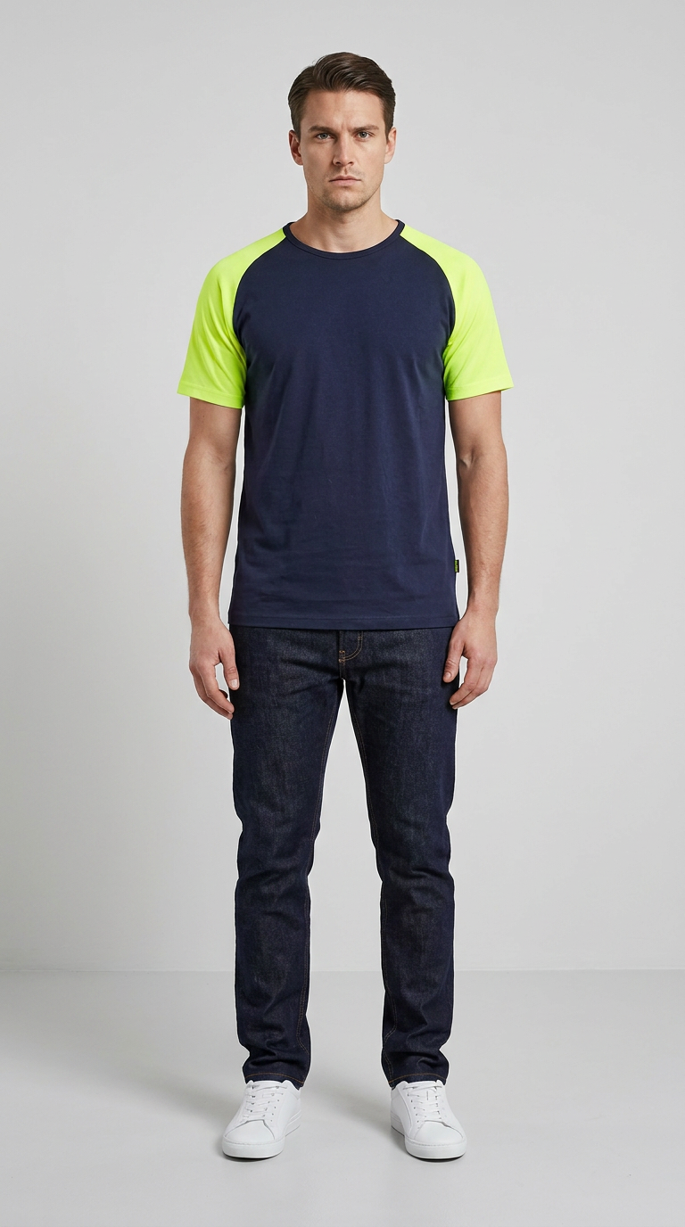 Mand i mørkeblå t-shirt med neongule ærmer, mørke jeans og hvide sneakers foran en grå baggrund.