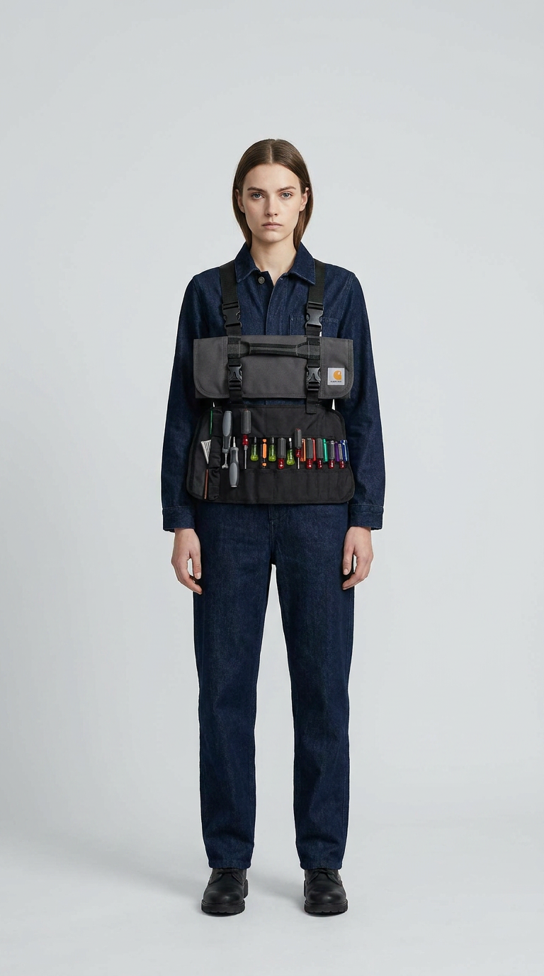 Kvinde i denimdragt iført en Carhartt-værktøjsvest med skruetrækkere mod en grå baggrund.
