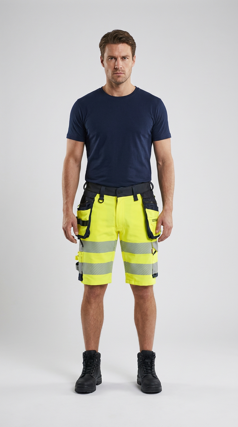 Mand i mørkeblå t-shirt og neon-gule arbejdsshorts med refleksstriber og sorte sikkerhedsstøvler.