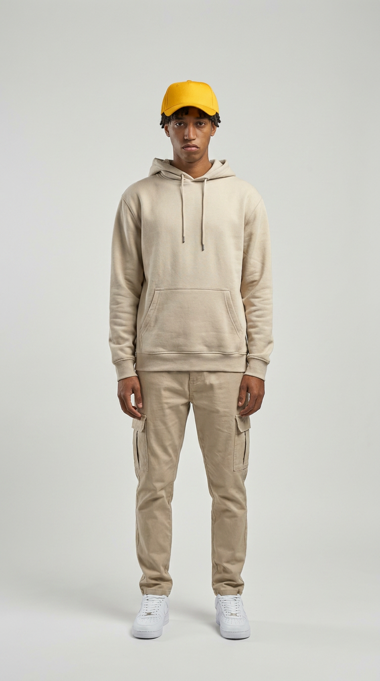 Ung mand i beige hættetrøje, cargobukser, gul kasket og hvide sneakers mod en grå baggrund.