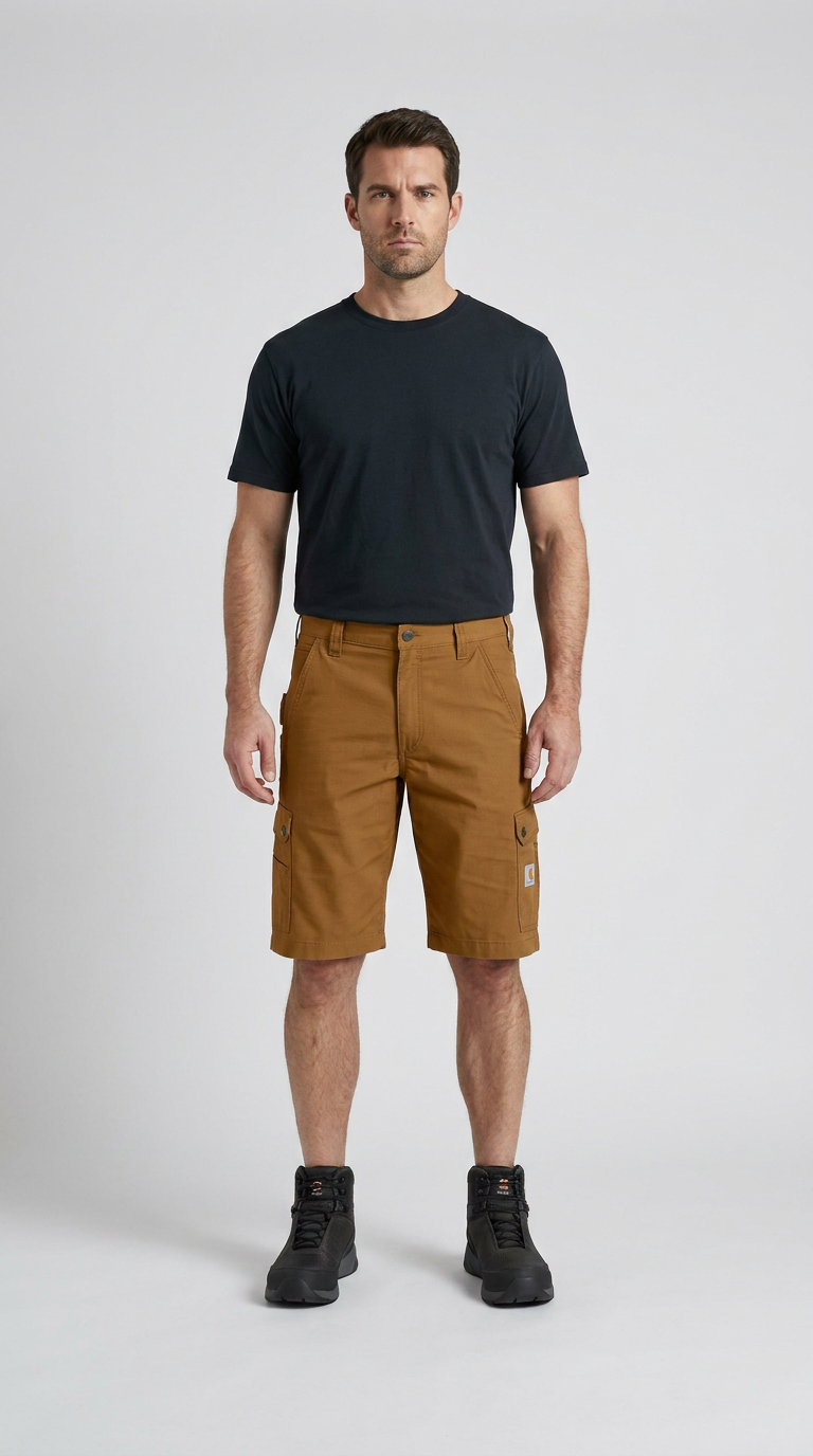 Mand i sort t-shirt, brune cargoshorts og sorte arbejdsstøvler mod en hvid baggrund.
